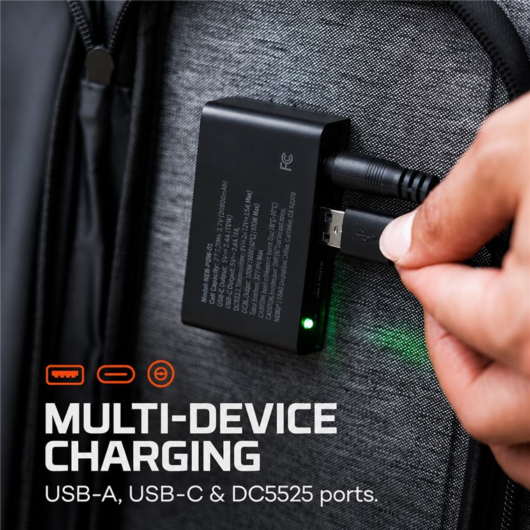 Multi-device charging — USB-A, USB-C and DC5525 ports
