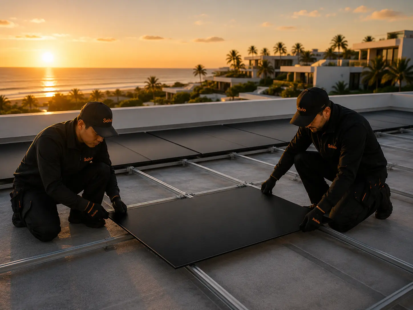Solvio technicians installing a rooftop solar array on a resort at sunset