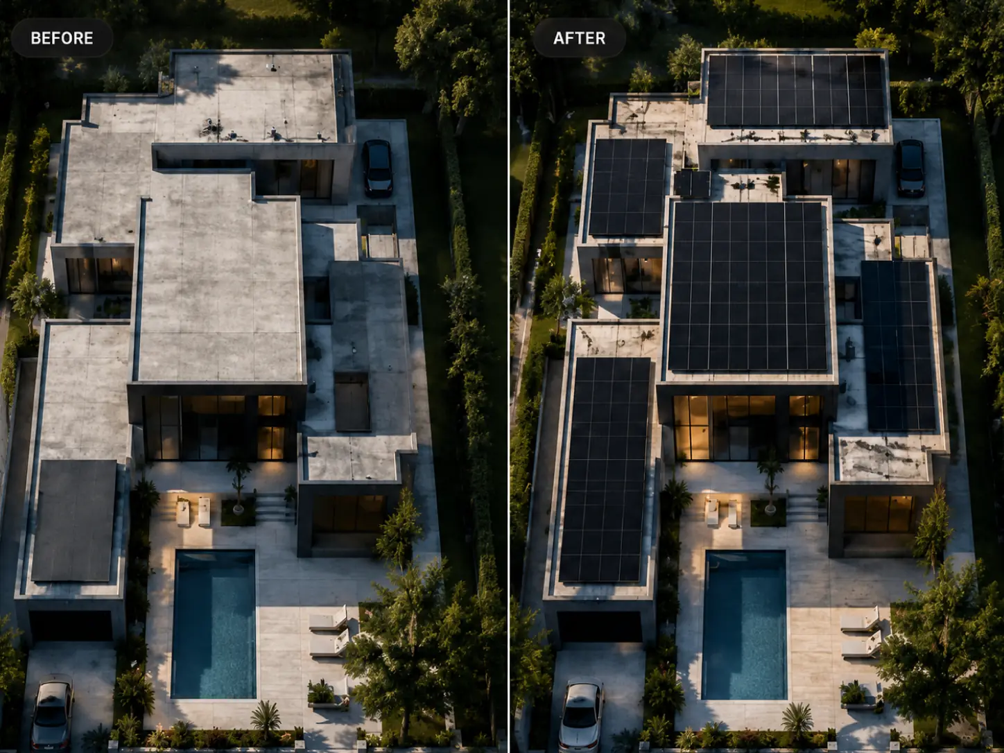 Aerial before and after — a villa roof fitted with a full Solvio solar array