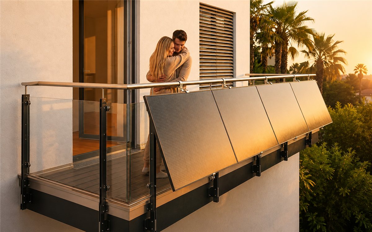 A couple on a balcony at sunset with Solvio panels on the railing