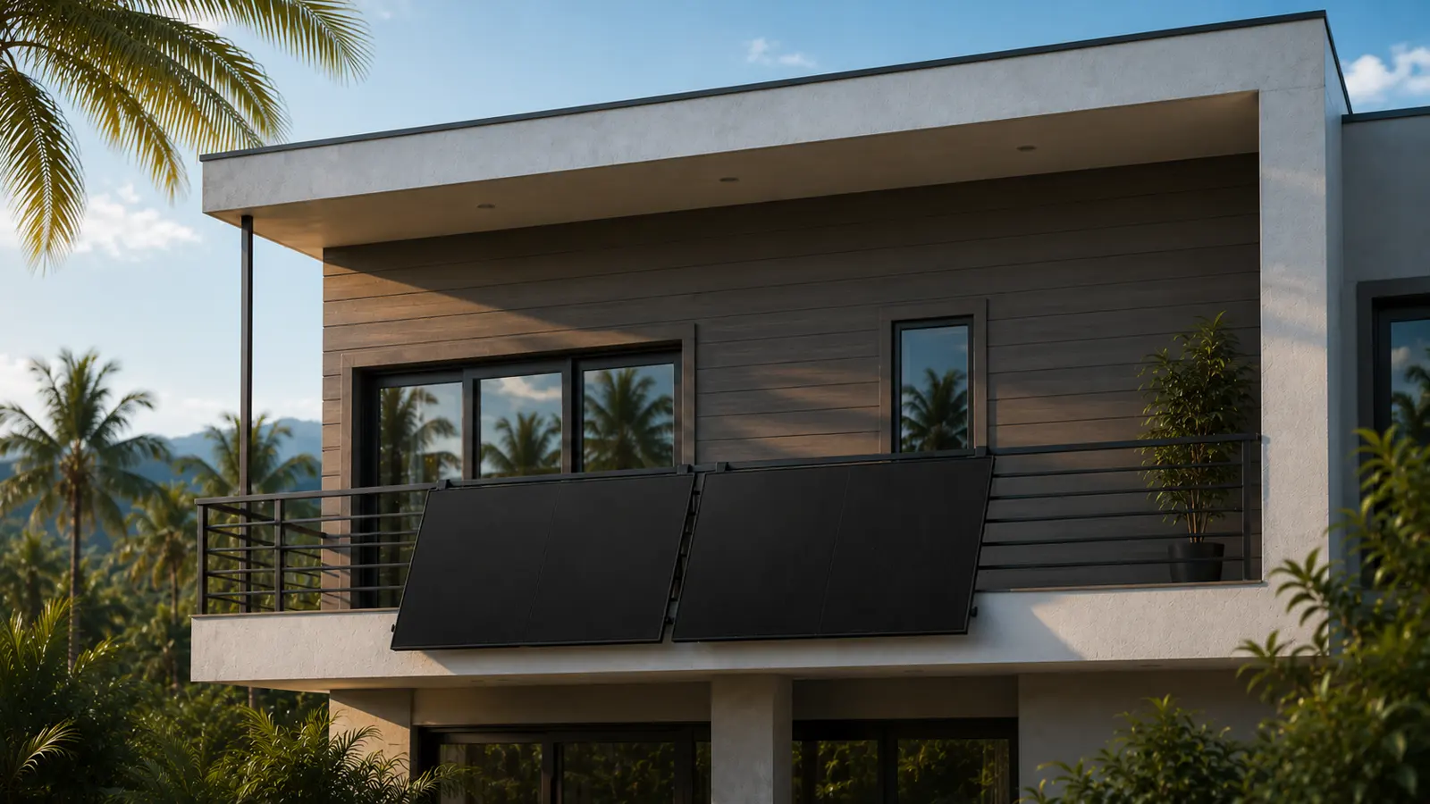 Black solar panels on a modern apartment balcony railing