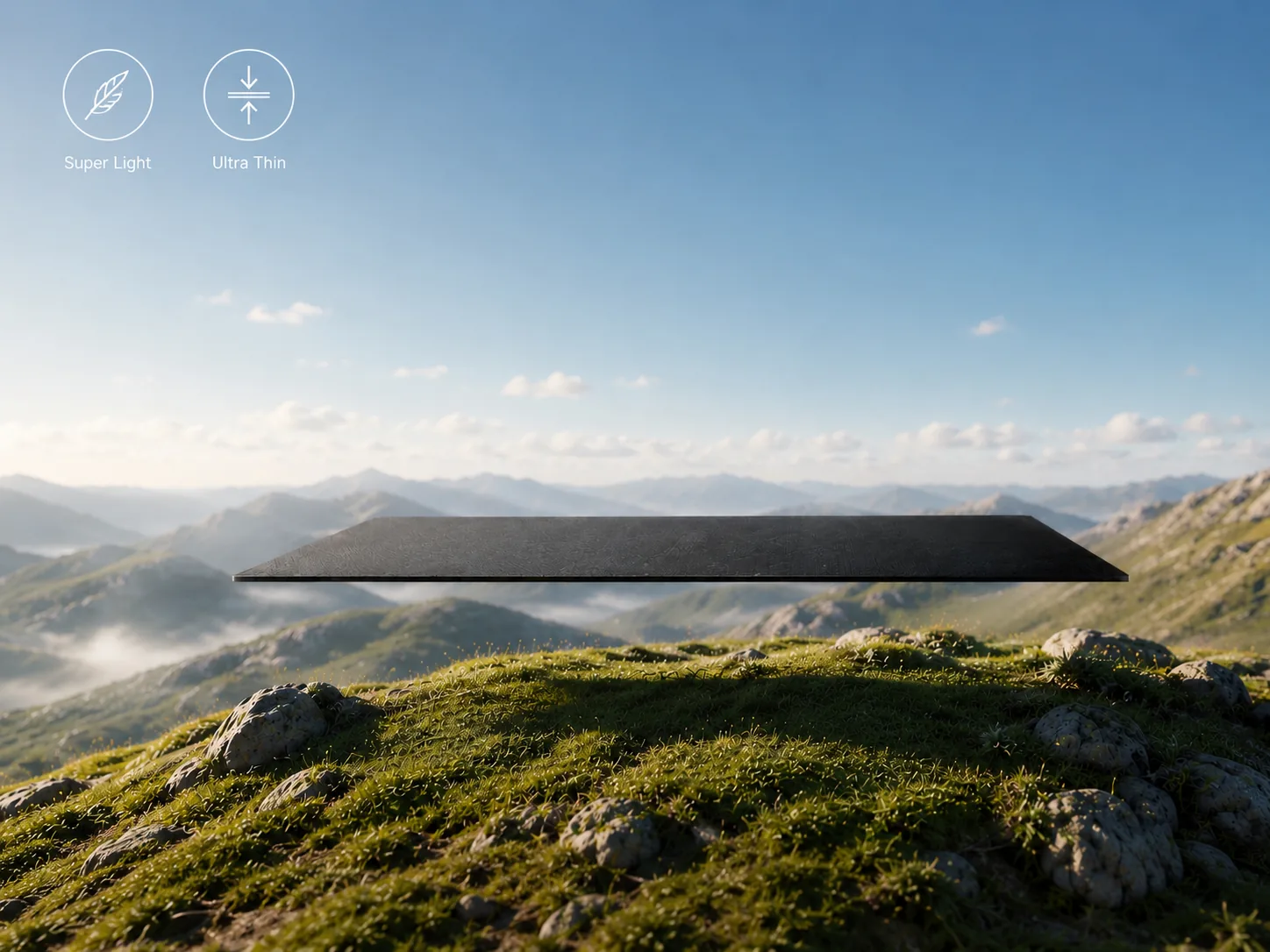 Ultra-thin Solvio Dark Feather panel floating above a mountain landscape
